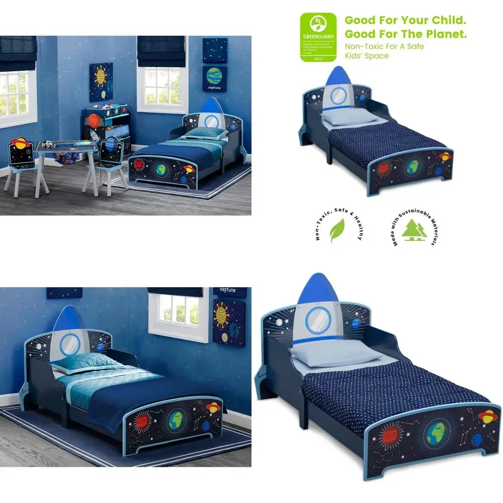 Cama de barco cohete para niños pequeños Greenguard Gold en azul - Diseño de madera de aventuras espaciales