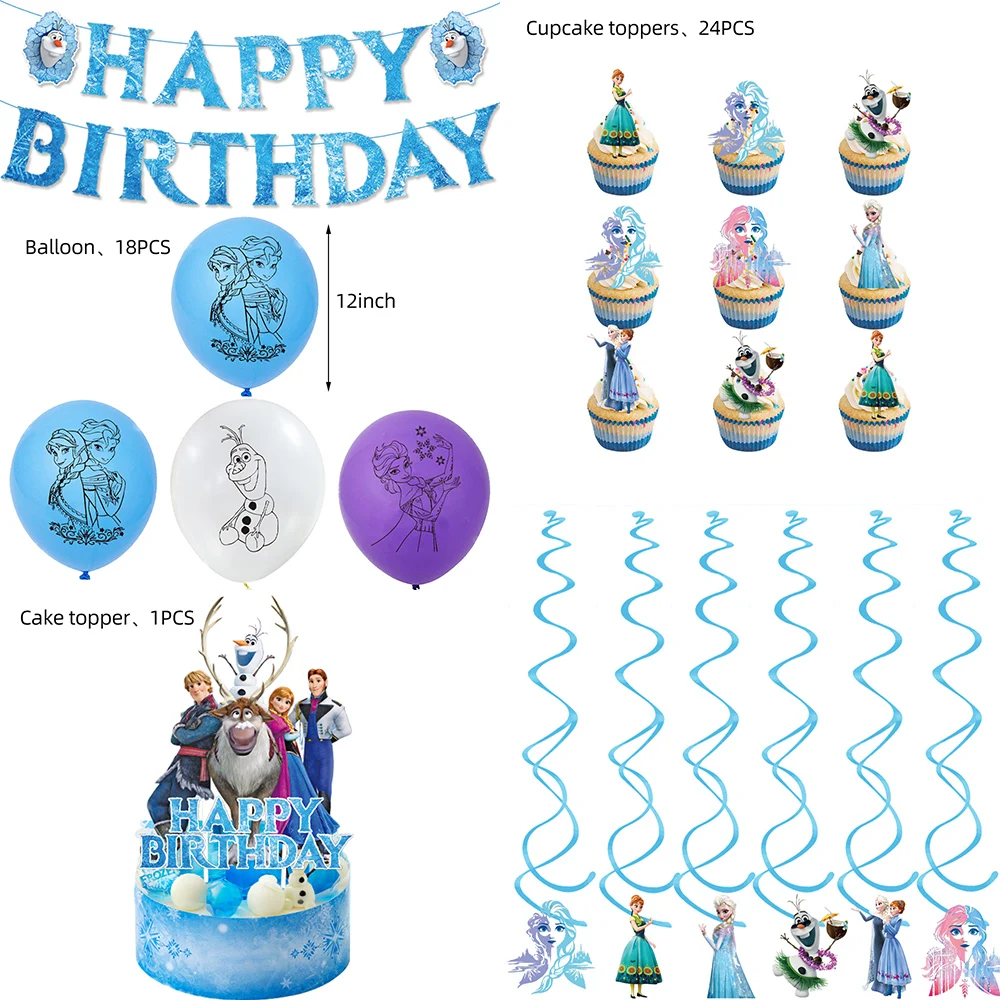 Disney 64pcs/set Blue Frozen Theme Elsa&Anna Princess Birthday Party Decorations 5items Banners cake flags party Kits balloons