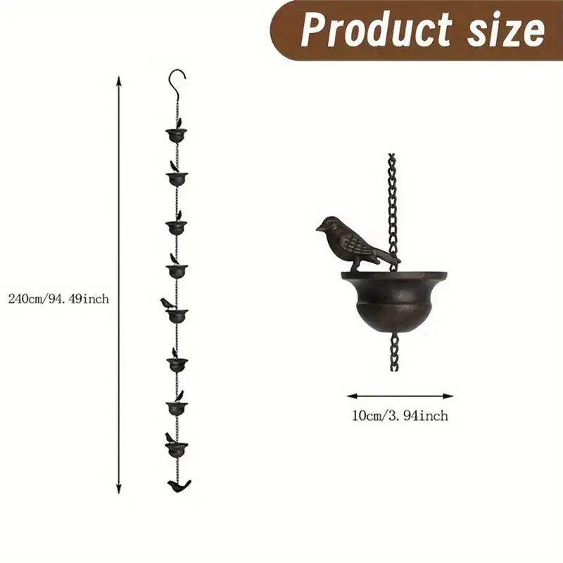 B84B Rain Chains for Gutters 8Ft Birds on Cups Rain Chimes with Attached Hanger 2Pcs Metal Outdoor Garden Decor