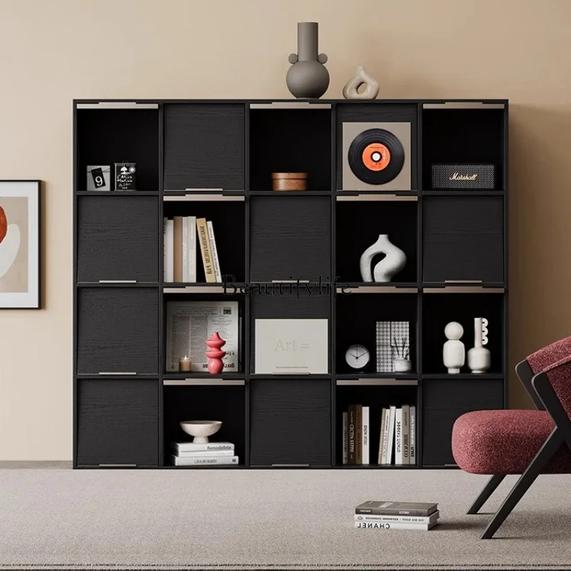 

LJY*Black solid wood floor-to-ceiling bookcase, lattice cabinet, living room module combination