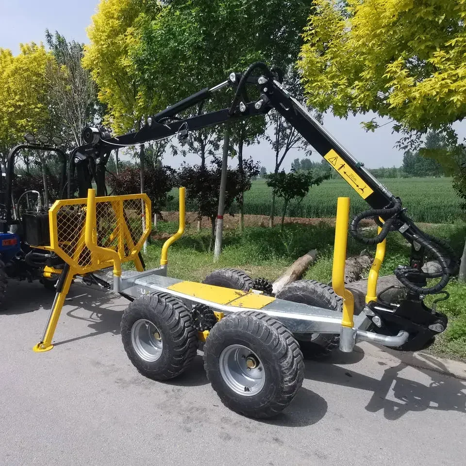 Hydraulic Atv Farm Tractor Log Timber Wood Trailer with Crane Grapple Remote Control Winch for Forestry Machinery