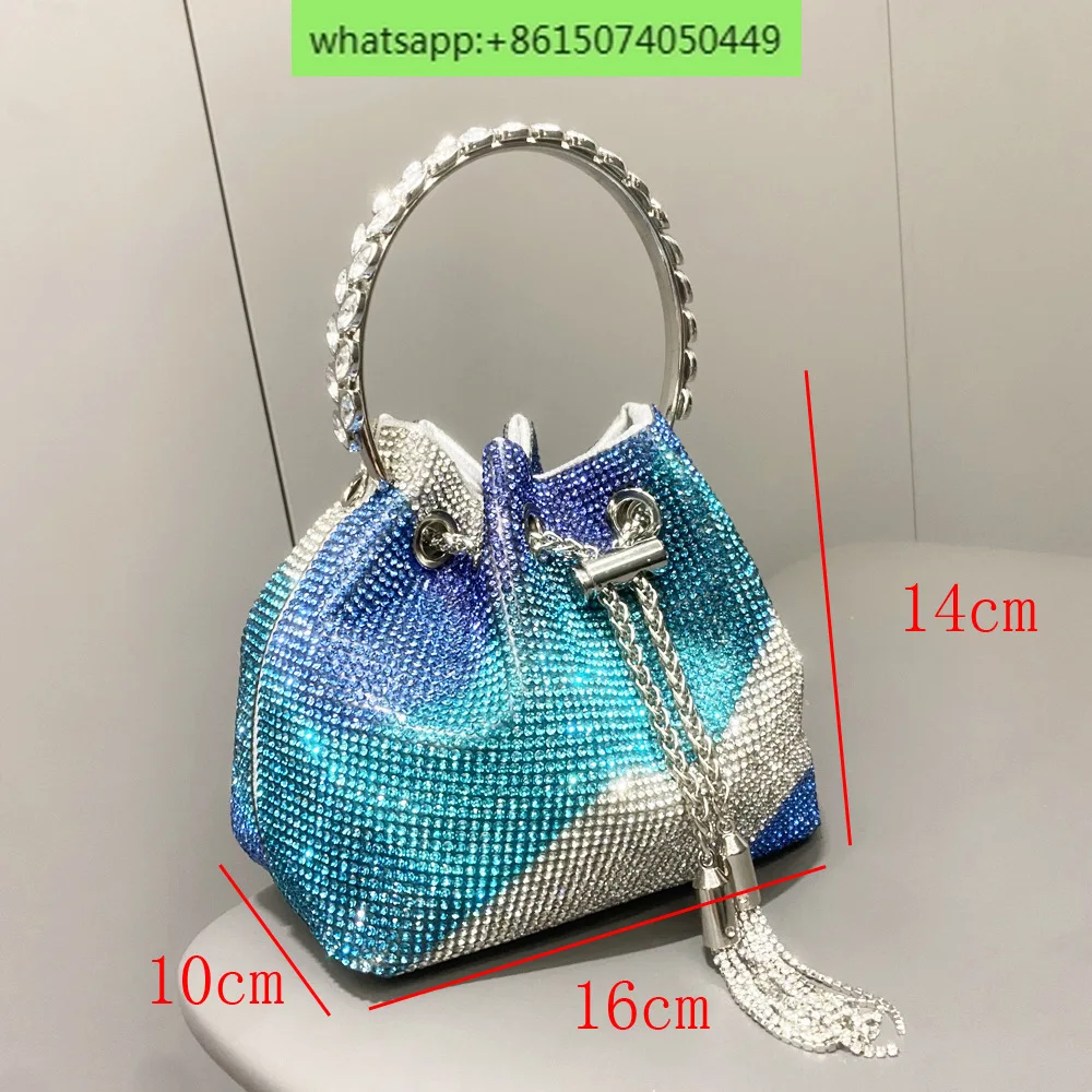 European and American ladies handbag shiny crystal handbag hand-studded metal ring bucket bag