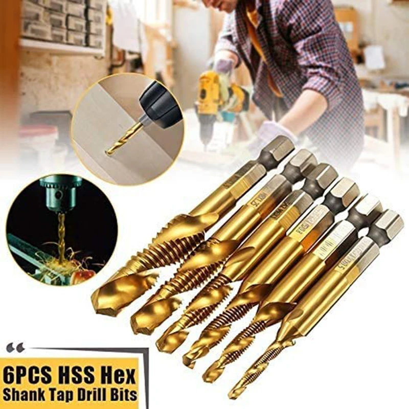 6PCS M3 M4 M5 M6 M8 M10 Thread Metric Tap Drill Bits Set HSS Hex Shank Screw Machine Titanium Plated Compound Tap Hand Tool Set
