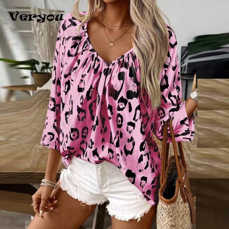 Elegant Leopard Printed Blouses Women Fashion V Neck 3/4 Sleeve Loose Pullover Tops Autumn Casual Shirts For Women