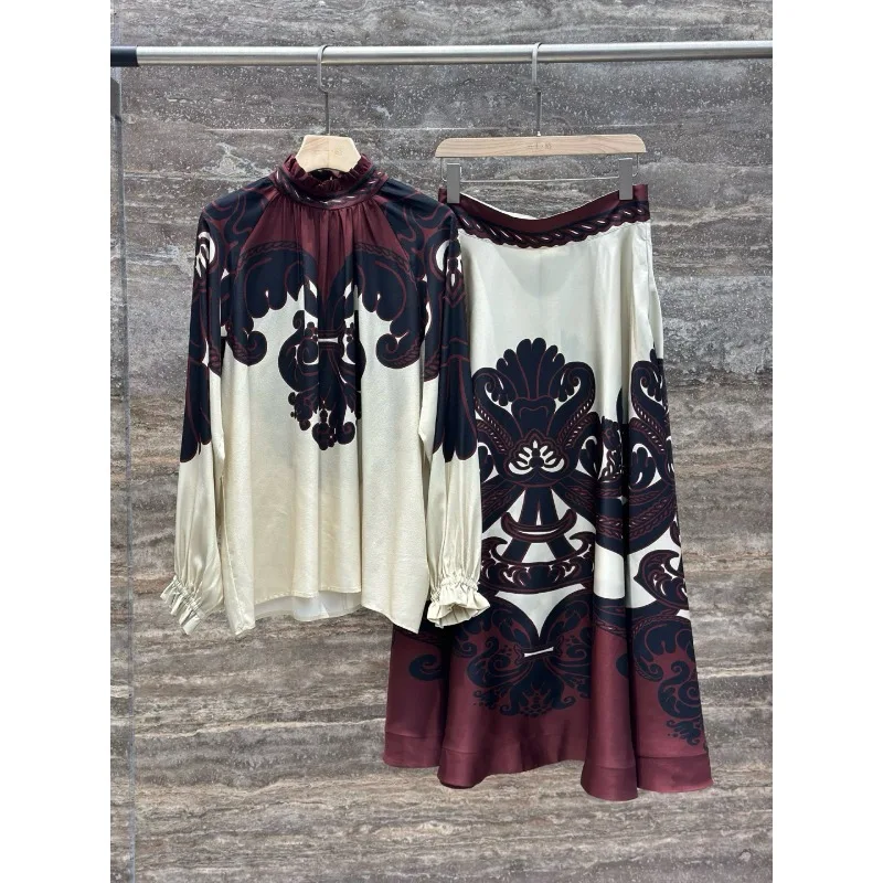 

High Quality Red Beige Chain Print Long Sleeve Lapel Blouse Tops and Beige Chain Print Skirt Sets 2025