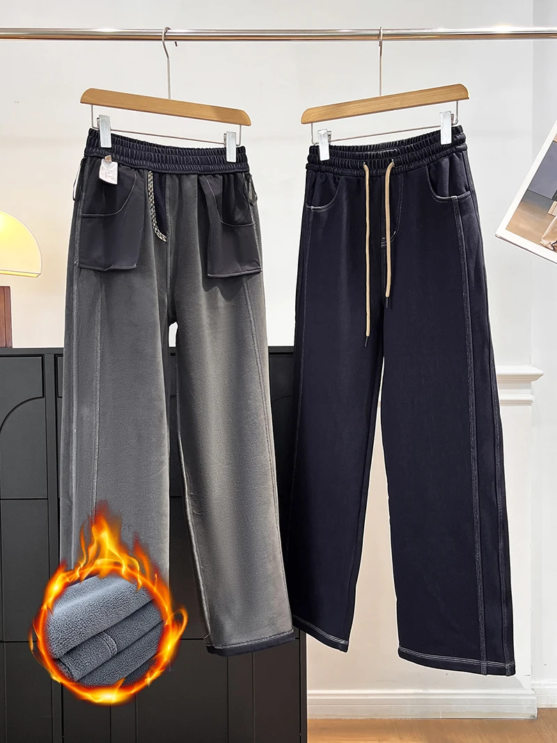 

Широкие джинсы с высокой талией Thiened Fce, свободные повседневные осенние теплые женские джинсы, свободные висячие ощущения