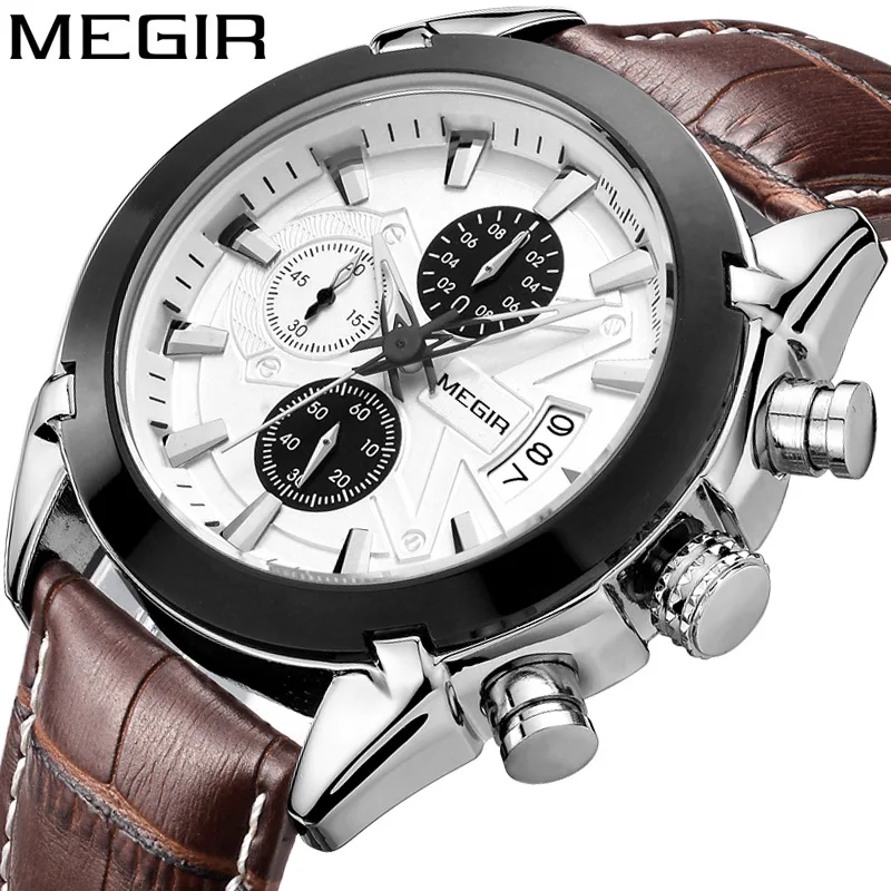 

MEGIR 2020 Multifunctional Chronograph Men's Quartz Watches Genuine Leather Luxury Brand Waterproof Wristwatches reloj hombre