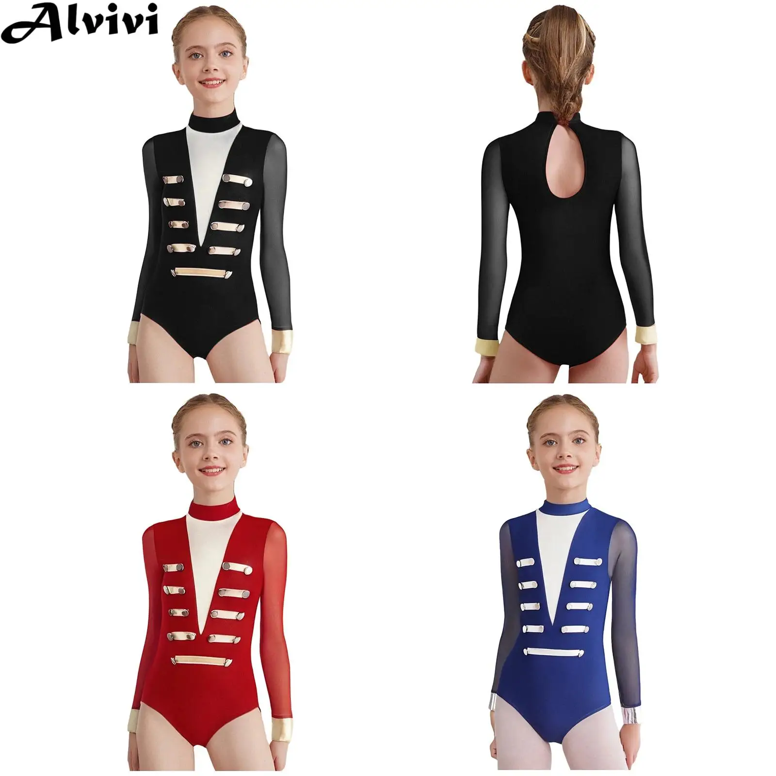 Teen Girls Figure Skating Ballet Dance Gymnastics Acrobatics Leotard Sheer Mesh Long Sleeve Metallic Buttons Bodysuit Dancrwear