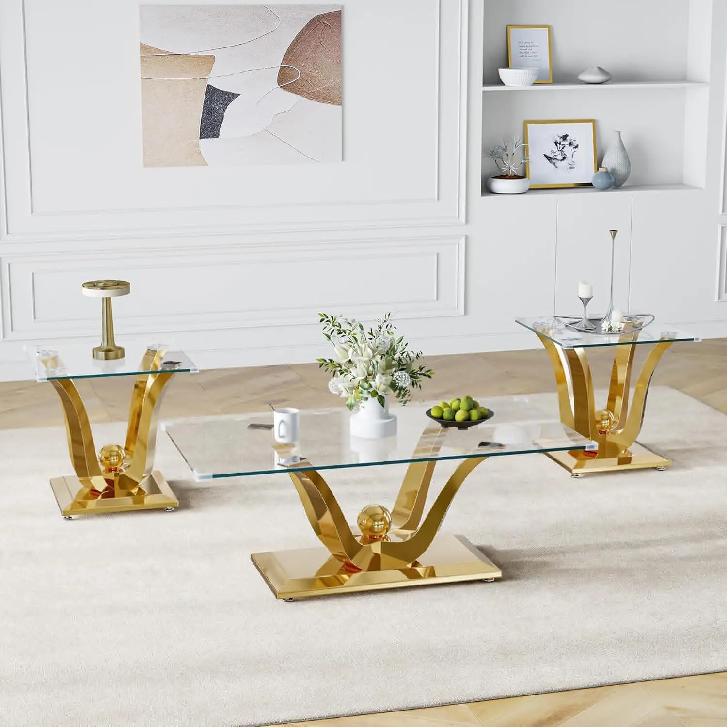 

Rectangular Glass Coffee Table Set Of 3- Modern Center And 2 End Tables, Clear Tempered Glass Top With Gold Mirrored Stainless S