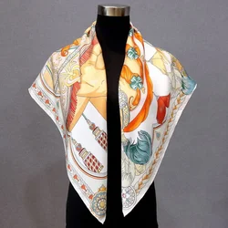 High-end Elegant Women Exquisite Horses Double Printed Quality 18MM Twill Silk Hand-rolled Edge Large Square Scarf Shawl