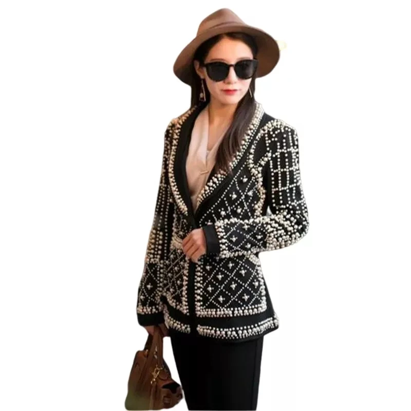 Ngọc Trai Đen Áo Khoác Blazer Hộp Đêm Trang Phục Sang Trọng Sinh Nhật Chương Trình Mặc Ca Sĩ Bộ Trang Phục Vintage Thời Trang Ngọc Trai Phối