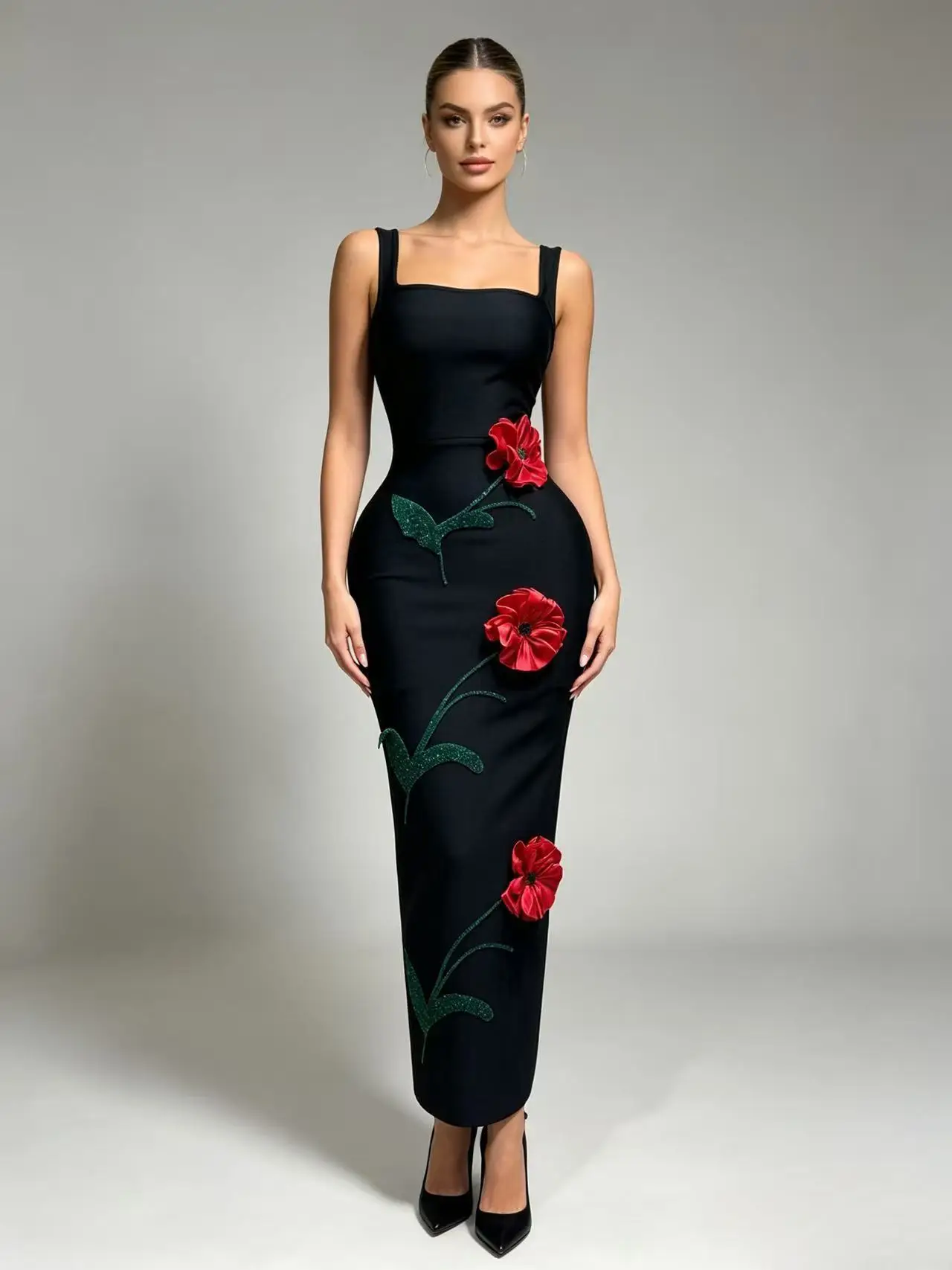 elegant-long-wrap-dress-with-shoulder-straps-back-slit-design-handcrafted-3d-flowers-with-green-rhinestone-leaves-for-dinner-par