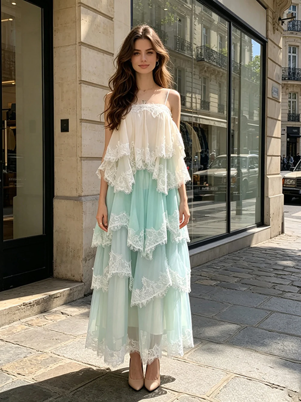 Sweet Vacation Style Gradient Camisole Cake Long Dress, New Backless Drawstring Lace Edge Dress