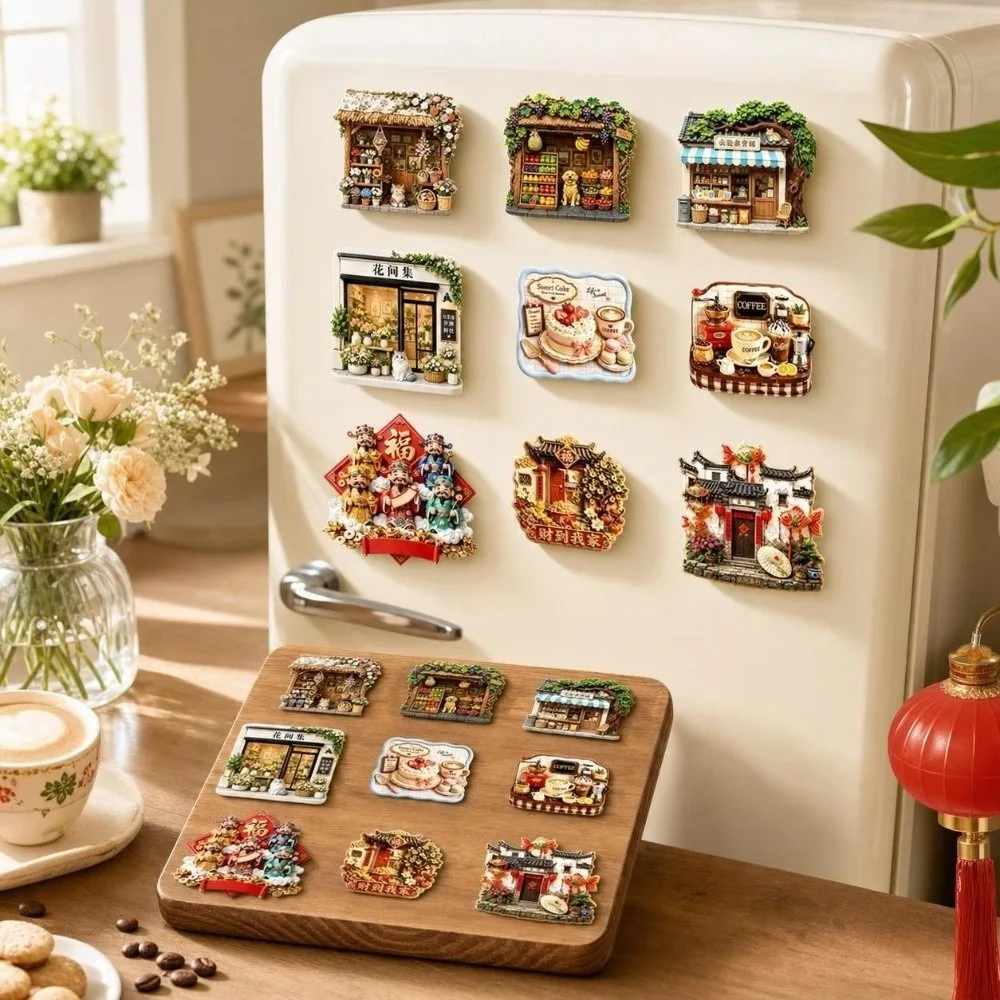 Chinese Style God of Wealth Refrigerator Magnet Shop Shape House Home Decoration Cat Dog Fruits Magnetic Sticker Magnet