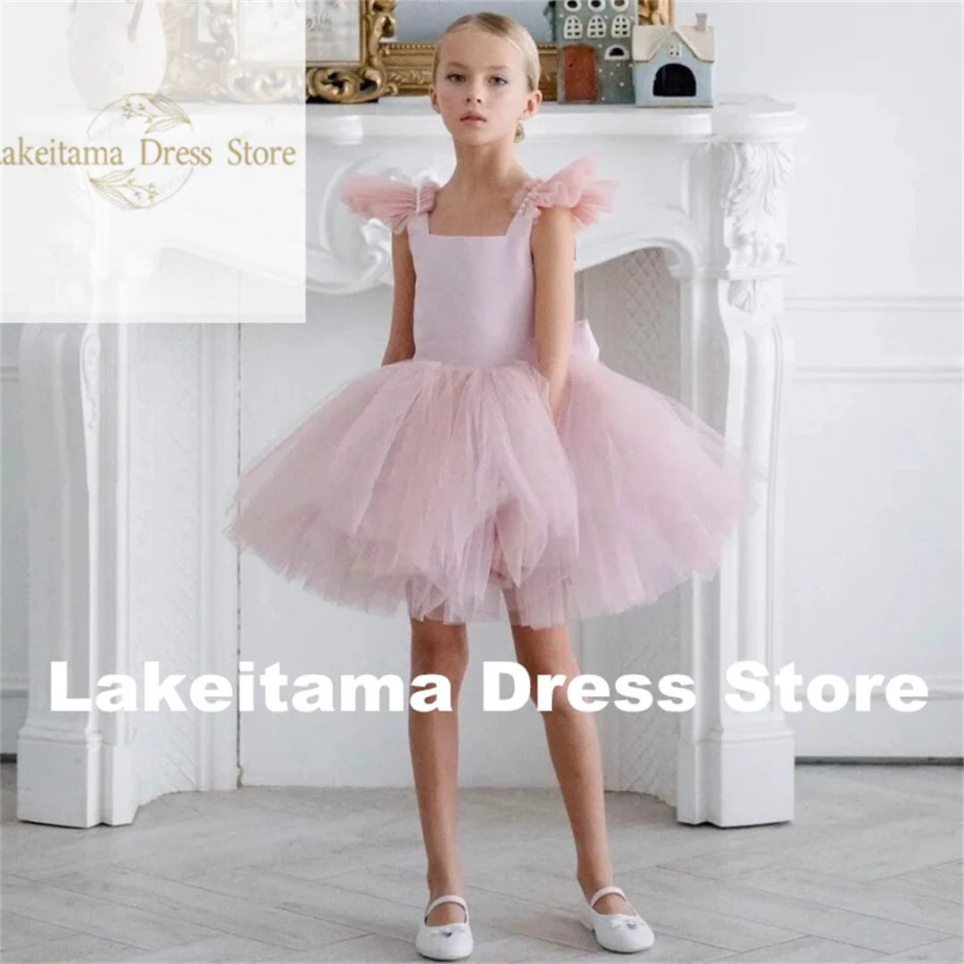 

Customization Pink Tulle Puffy With Bow Flower Girl Dresses Dusty Sleeveless For Wedding Birthday Banquet First Communion Gowns