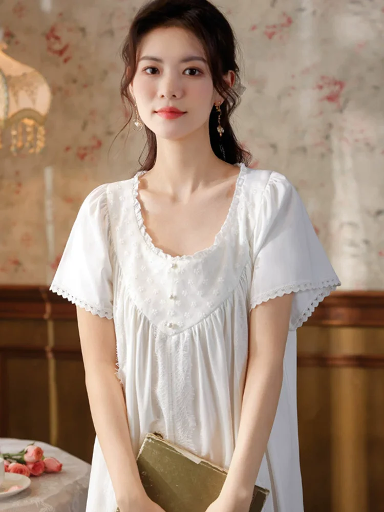 

Short-sleeved Nightgown For Women Summer Cotton Court-style Elegant Pajama Loose V-neck Loungewear Nightdress