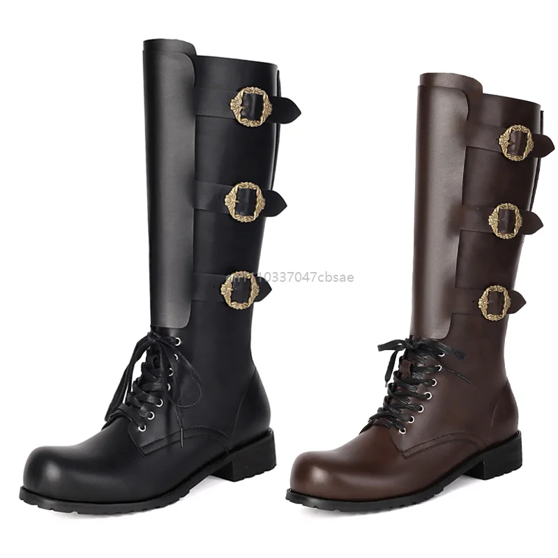 

Steampunk Medieval Retro Motorcycle Riding Boots Pu Leather Buckle Knee High Boots Men Renaissance Cosplay Round Toe Shoes 2026