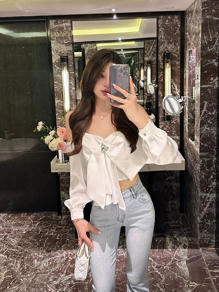 Short Off Shoulder Tops Women Lady Big Bow Knot Shirts Diamond Long Sleeve Blouse Party Dinner Banquet Shirts Vintage Palace Top