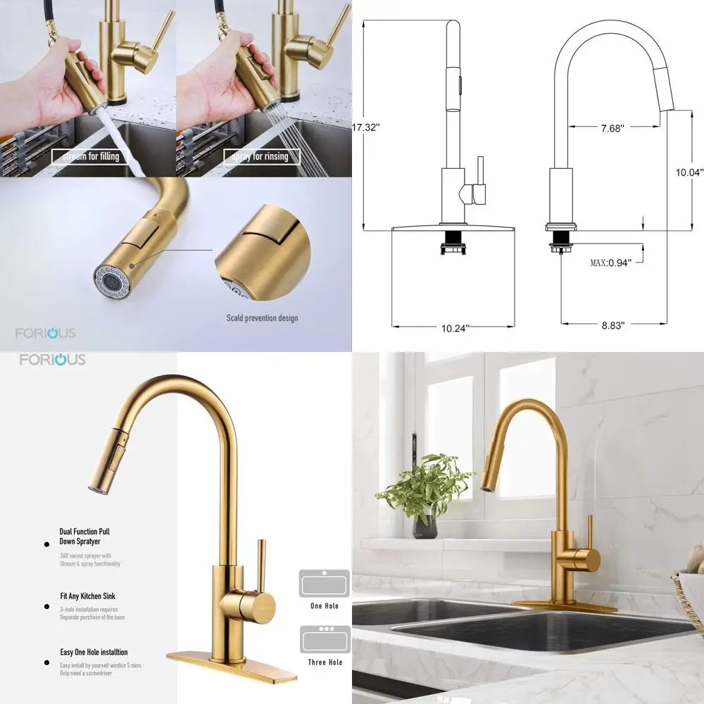 

Modern Pull-Down Spray Kitchen Faucet with High Arc Gooseneck, Single Handle in Brushed Brass, Deck Plate Included