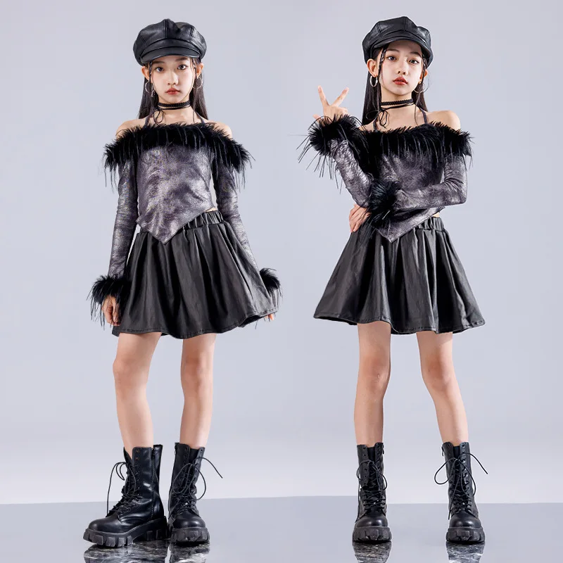 

Kid Hip Hop Clothing Halter Bronzing Furry Top Camo Cargo Pants Faux Leather Skirt Shorts for Girls Jazz Dance Costumes Clothes