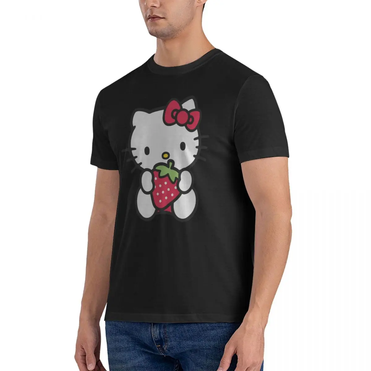 Men Strawberry T Shirt Hello Kitty Pure Cotton Tops Vintage Short Sleeve O Neck Tee Shirt New Arrival T-Shirt