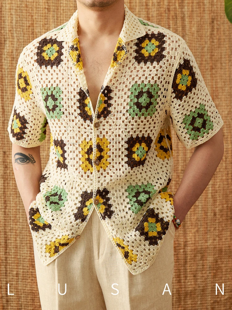 High-End Summer Lightweight Knit a Sweater Short-Sleeved Cuban Collar Shirt Vacation Beach Casual Loose Cardigan Men