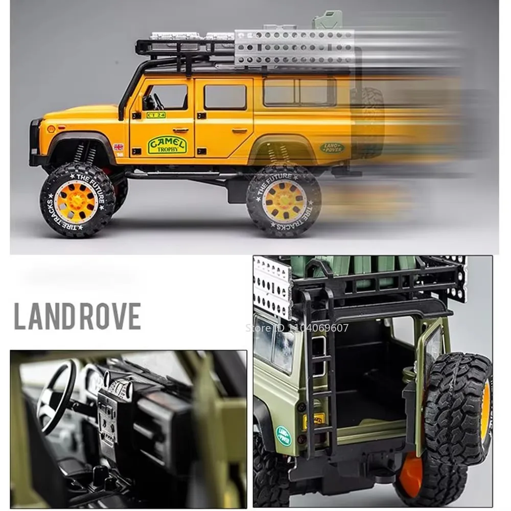Scale 1:28 Land Rover Defender Car Model Toy Diecast  Alloy Camel Cup SUV 6 Doors Opened Sound Light Toys Gifts for Children