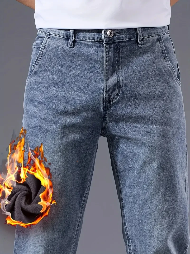 Jeans casual da lavoro elasticizzati spessi foderati in pile caldo invernale da uomo Pantaloni leggeri per ufficio e abbigliamento quotidiano