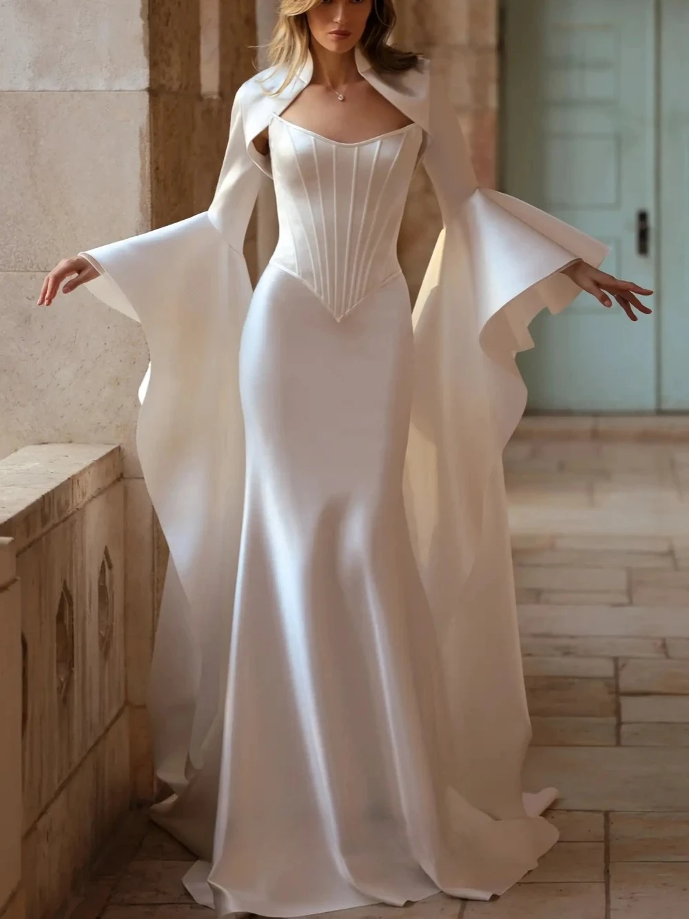 Customized Mermaid Satin Wedding Dress Sweetheart Corset Detachable Cape Flared Sleeve Chapel Train Bridal Gown for Ceremony