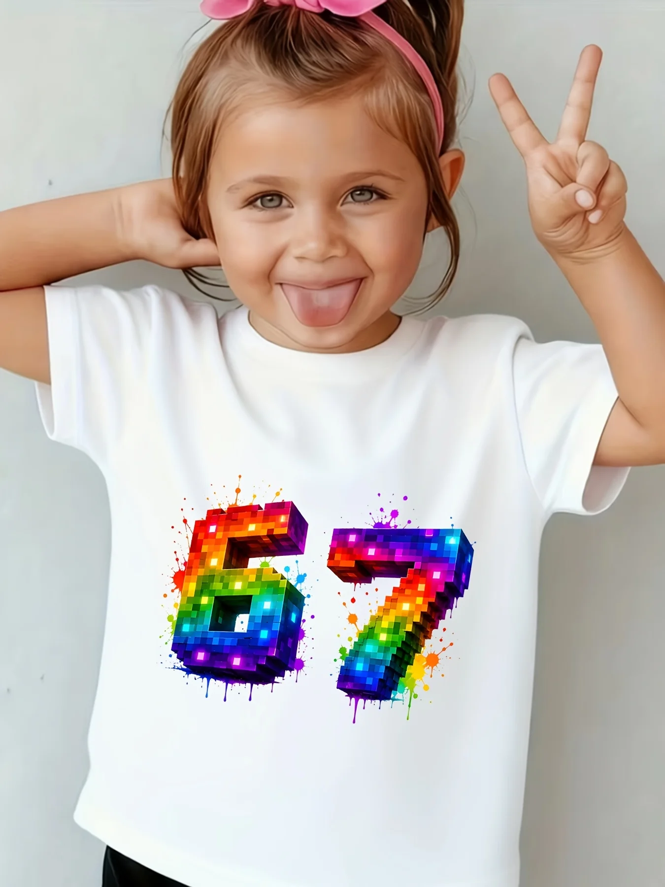 Kids Colorful Pixel Number 67 Paint Graphic Tee Boys Girls Family Matching Short Sleeve Birthday Party Casual Daily T Shirt