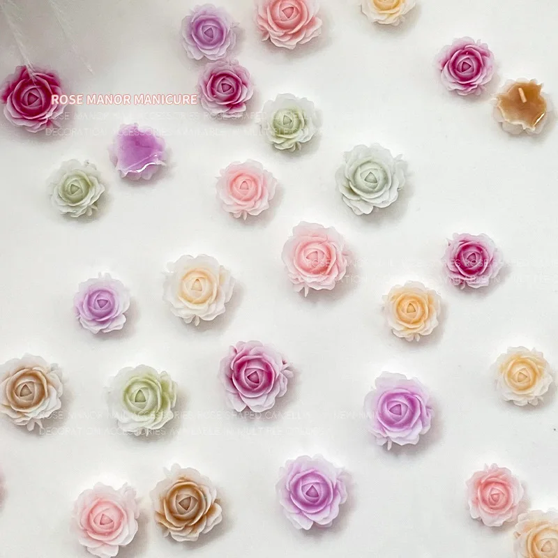 50Pcs Resin Gradient Rose Nail Art Charm 3D Mixed Size 6mm + 8mm Carving Camellia Flowers Nails Rhinestones Manicure Accessories