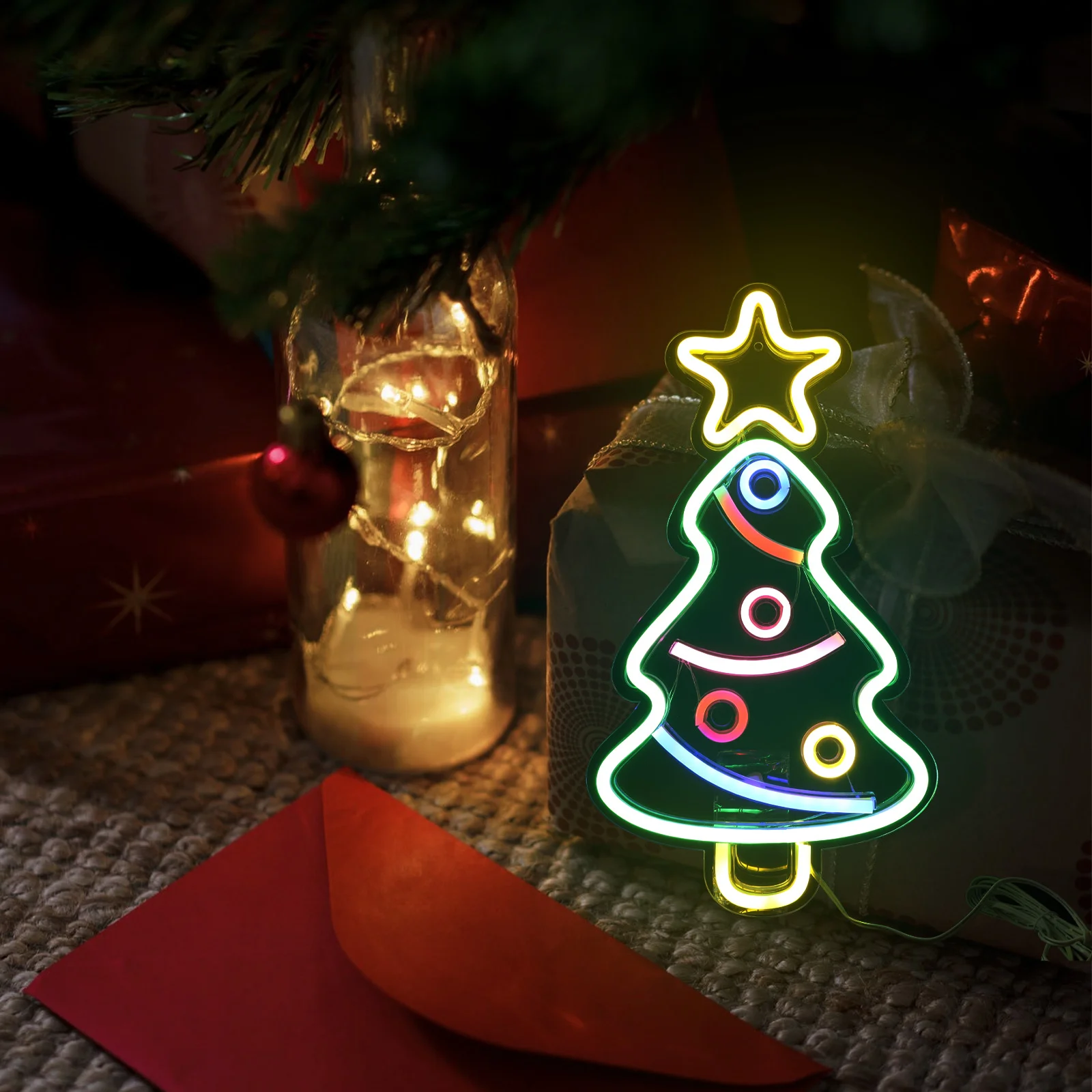Led Christmas Tree Decor Neon Light Holiday Xmas Adornment Creative Indoor Lighting Ornament Mini Tree Night Lamp Festive Wall