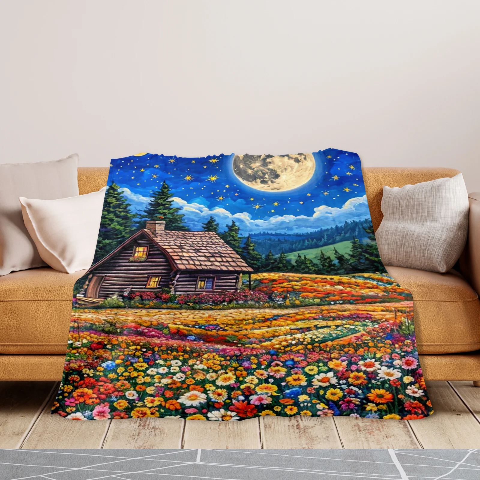 Selimut Pola Rumah Bunga Malam Bercahaya Bulan Untuk Dekorasi Bertema Ketenangan Dan Kado Unik Untuk Dewasa Dan Pecinta Alam