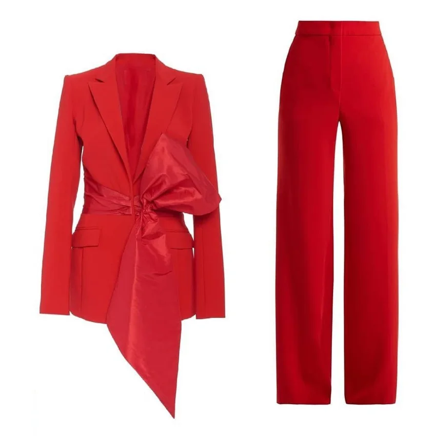 Baju Wanita Haute Couture dengan Perancang Pita Karpet Merah Set 2 Potong Tuksedo Pernikahan Blazer Pesta Disesuaikan (Jaket + Celana)