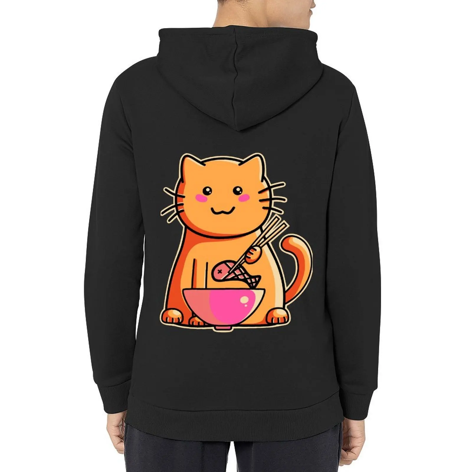 

Cute cat eating fish with chopsticks Hoodie clothes for men autumn clothes hooded shirt men's coat men's oversize hoodie