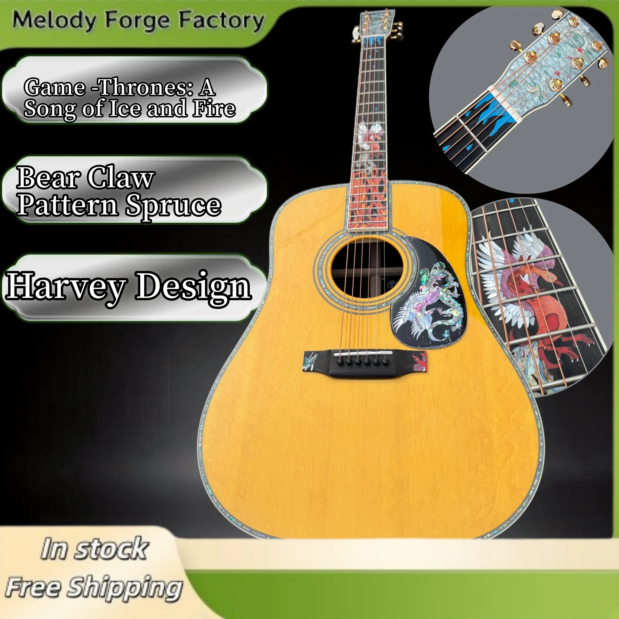 

D45 Ice&Fire Dragon Pattern Folk Guitar All Soild Wood Bear Claw Pattern Spruce Flame Pattern+Phoenix Inlaid Fingerboard
