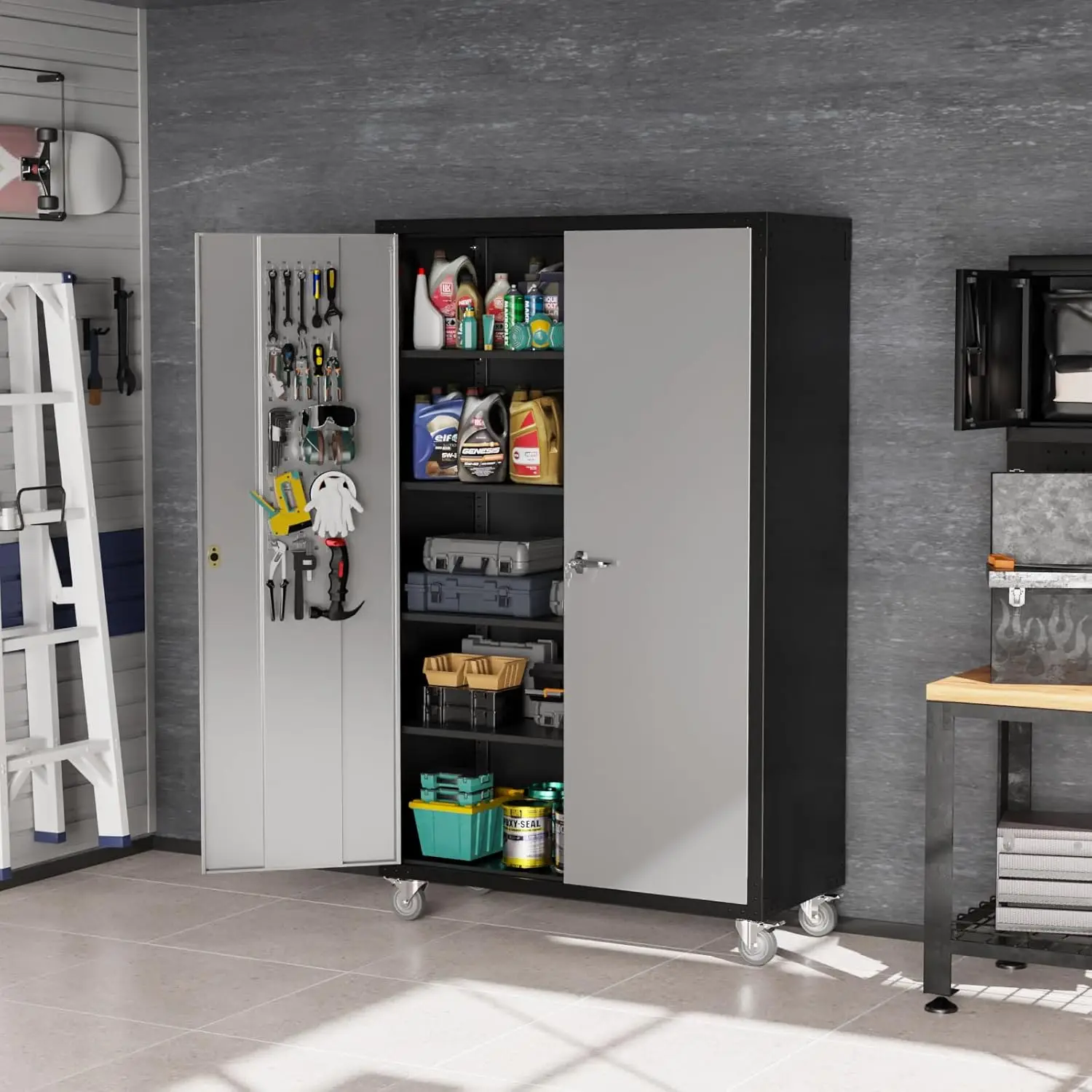 Upgraded Wide & Deep Garage Storage Cabinet, Metal Storage Cabinet with Pegboards, Wheels, Locking Doors and Adjustable