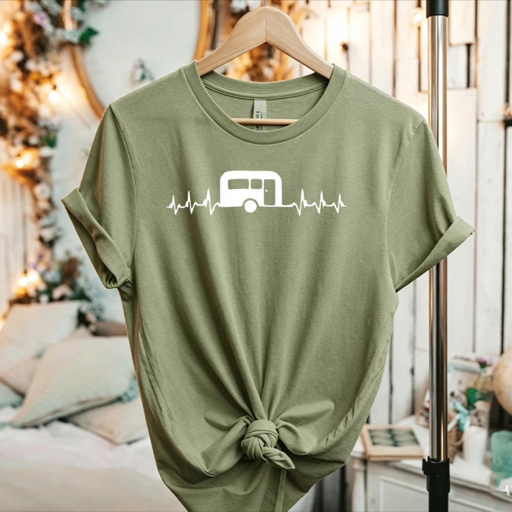 Autumn Unisex RV Camper Trailer Heartbeat Cotton T Shirt Camping Travel Graphic Casual Outdoor Short Sleeve Tee Vacation Tops