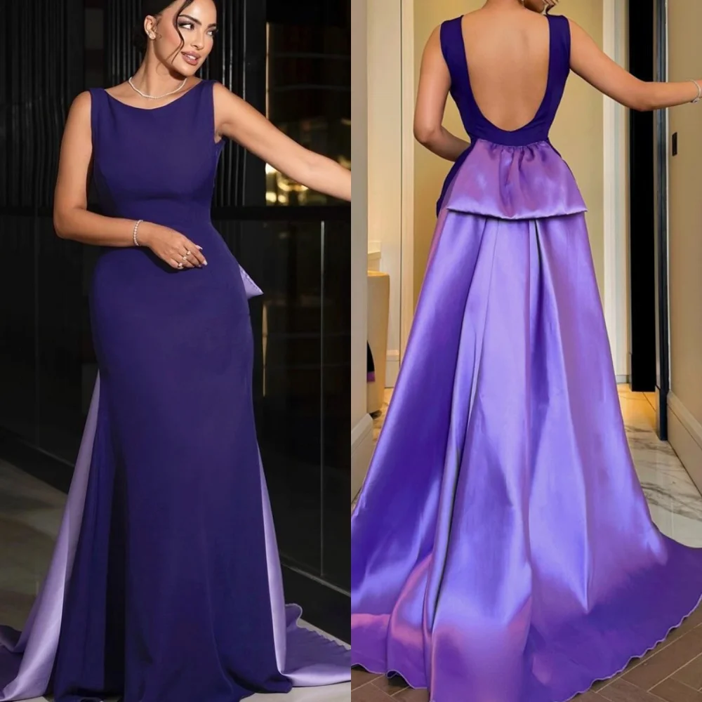 

Customized Graceful Purple Jersey Evening Dress Exquisite Scoop Cap Sleeve Sleeveless Zipper Back Mermaid Special Occasion Gowns