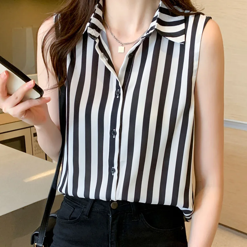 

Модная Летняя женская рубашка с отложным воротником, полосатая шифоновая рубашка без рукавов, блузка, женские топы, блузы, женские рубашки 2024 F773