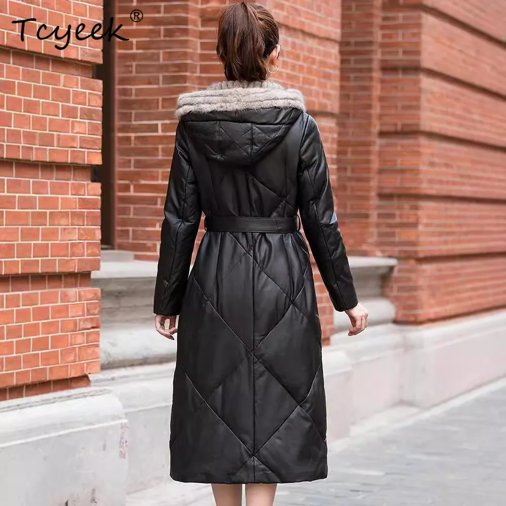 Tcyeek Pelle di pecora Piumino d'anatra bianca Autunno Inverno Giacca lunga in vera pelle da donna con cappuccio Jaqueta De Couro Legítimo Feminina