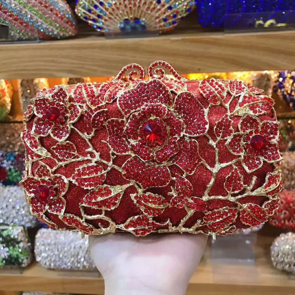 Gold Metal Pink/Red/Blue Crystal Bag Clutch Flower Women Evening Clutches Handbag Fashion Lady Rhinestone Prom Party Chain Purse