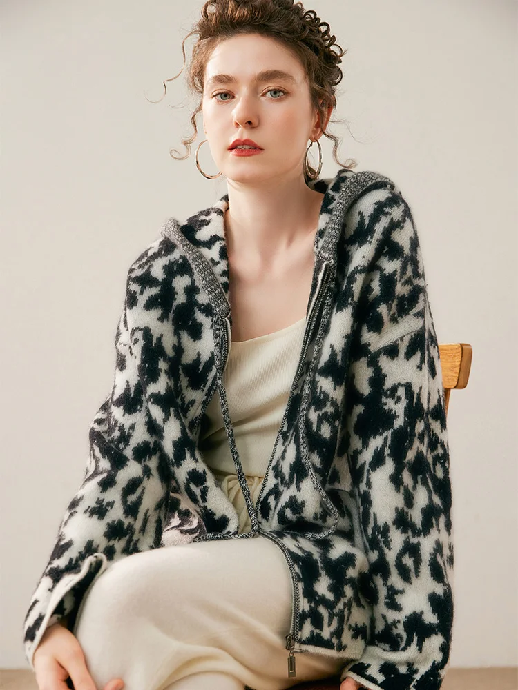 Chinese Style Women Hoodie Cardigan Sweater 100% Cashmere Sweater Autumn Winter Warm Clothing Drawstring Porcelain Patterns Knit