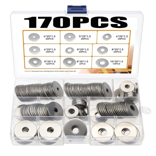 Imagen 2 del producto 75/170/230 Uds arandelas planas grandes 304 juntas de arandelas planas grandes de acero inoxidable M3 M4 M5 M6 M8 M10 M12 Kit de sujetadores de arandela de Metal