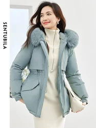 SENTUBILA Women's Winter Parkas Jacket 2024 Fashion Adjustable Waist Hooded Fur Collar Padded Coat Warm Thick Outwear W34M50212