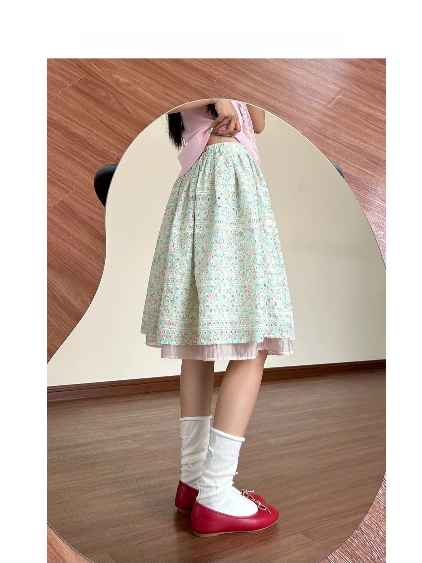 NONSAR Large Size Pastoral Style Green Hollow Floral Skirt Women's Summer Fresh Sweet Mid-length A-line Skirts