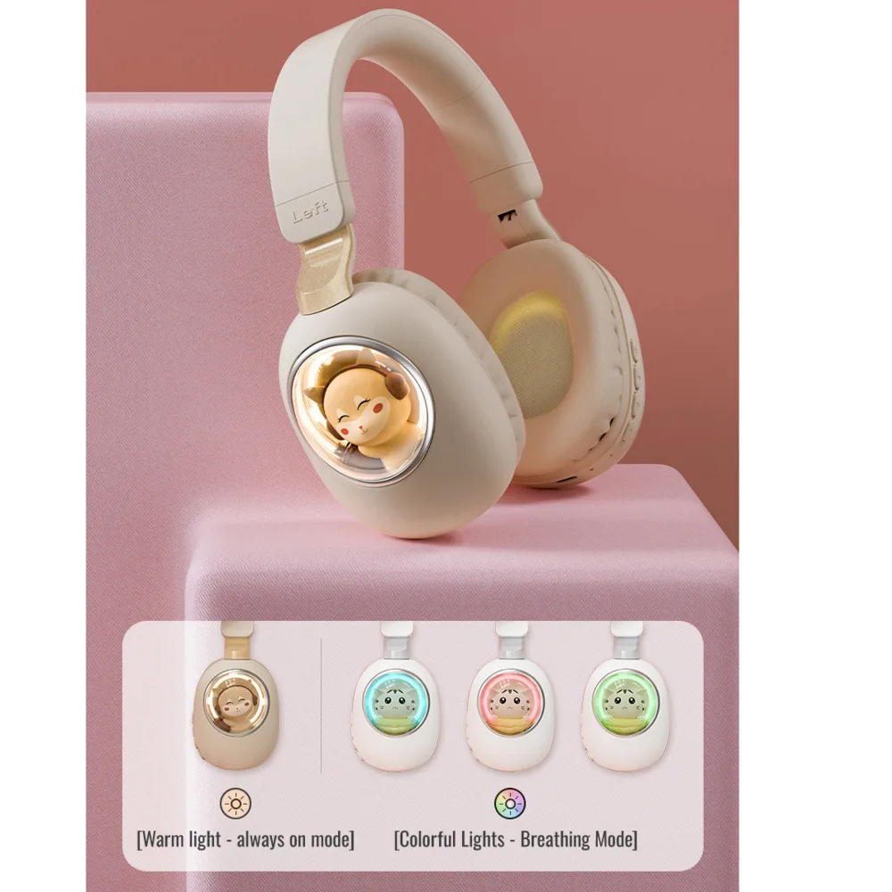 Cute Cartoon Light-up Pet Doll Headphones Comfortable Wear Bluetooth5.1 Headset Fold Design Ultra Long Endurance For Girl Gift