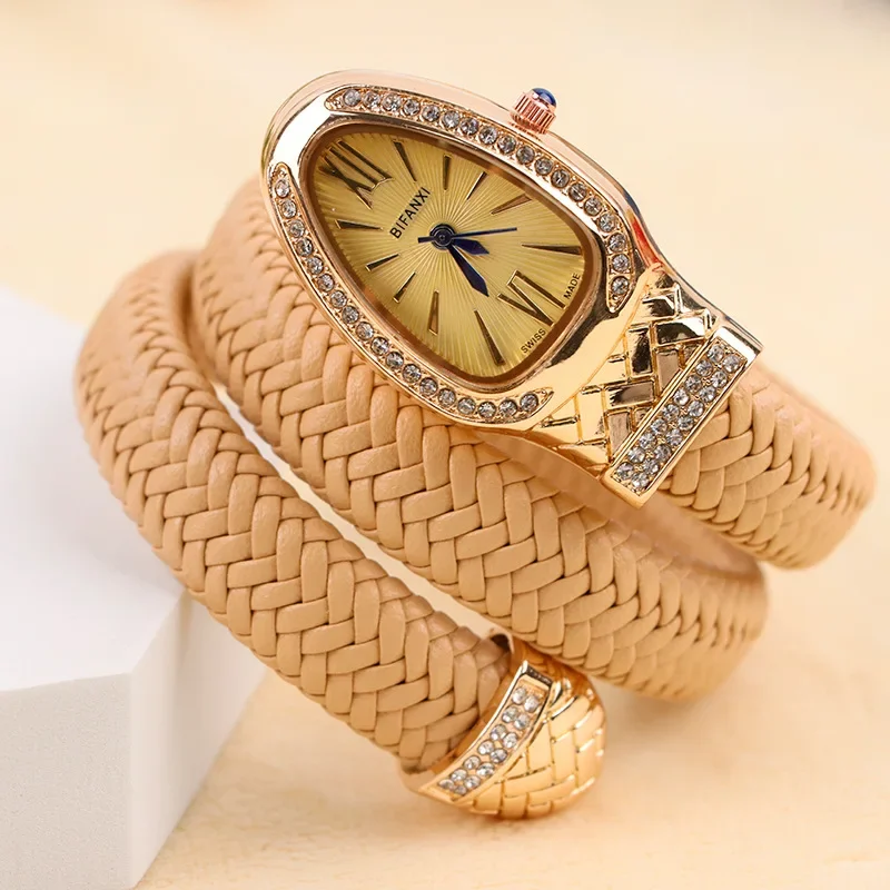 Reloj de cuarzo con forma de serpiente para mujer, correa de reloj de cuero con incrustaciones de diamantes, pulsera ligera de lujo, reloj de Estudiante