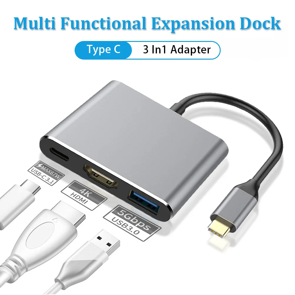 

3 в 1 USB C-концентратор, адаптер для передачи данных, совместимый с HDMI, 4k Type C 3,0, разветвитель для зарядки и док-станции для MacBook iPhone, кабель для преобразования компьютера