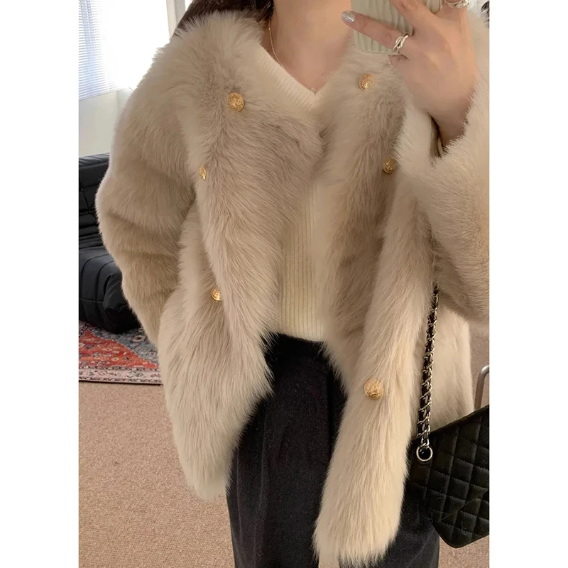 Faux FUR เสื้อสเวตเตอร์ถักผู้หญิงหลวมปุ่มฤดูใบไม้ร่วงฤดูหนาวหนาเสื้อแจ็คเก็ตขนสัตว์ปุยหวาน Office Lady Outwear
